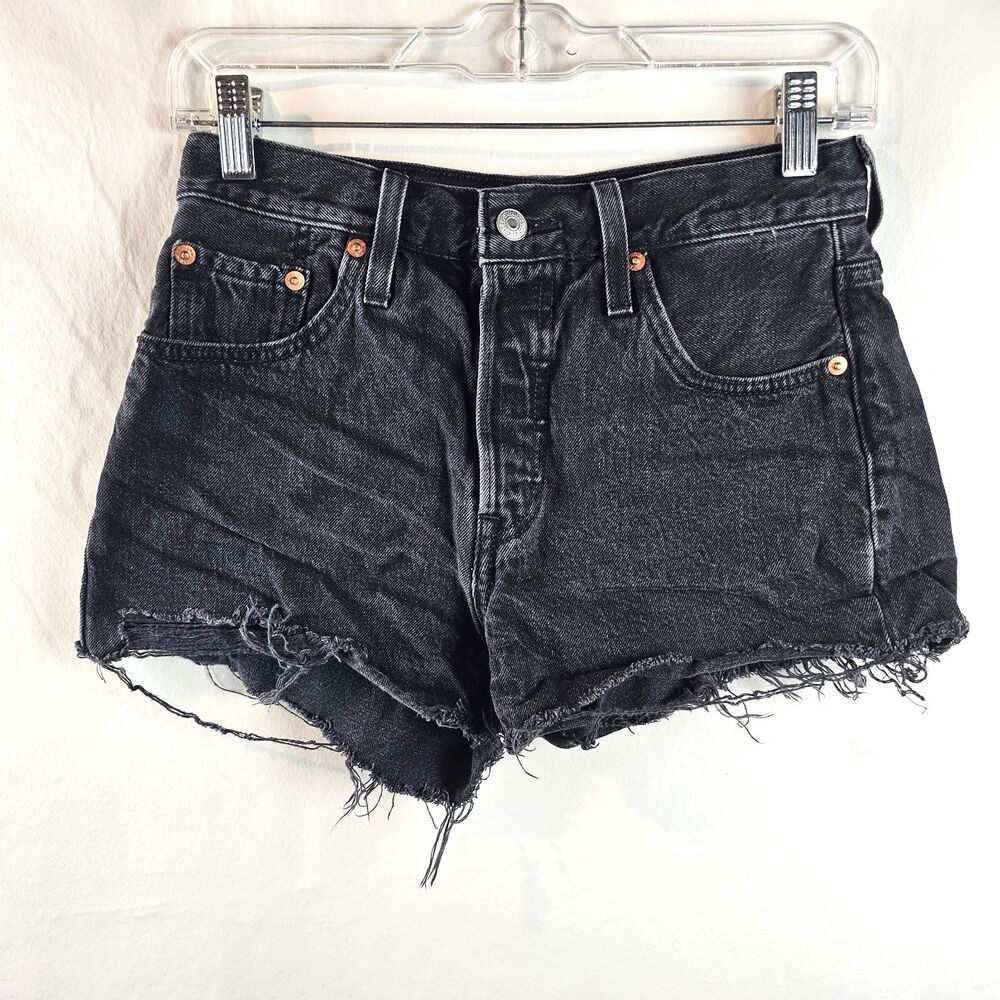 Levi's 501 Shorts Women's 25 Black Denim Cutoff High Rise Raw Hem Distressed